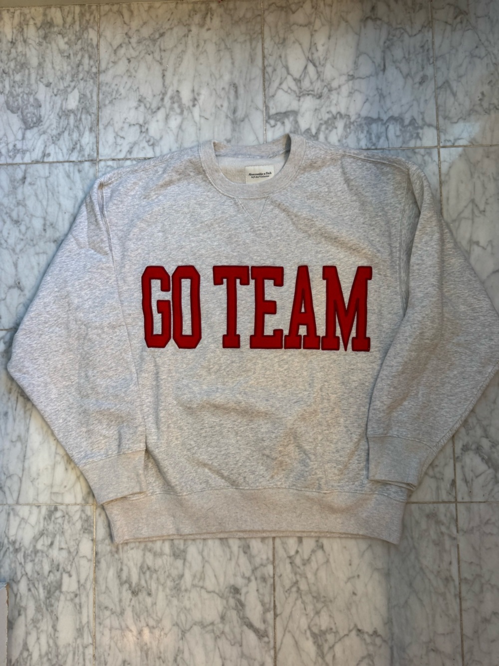 Abercrombie & Fitch Gray Crewneck Sweater with Red "GO TEAM" Appliqué
